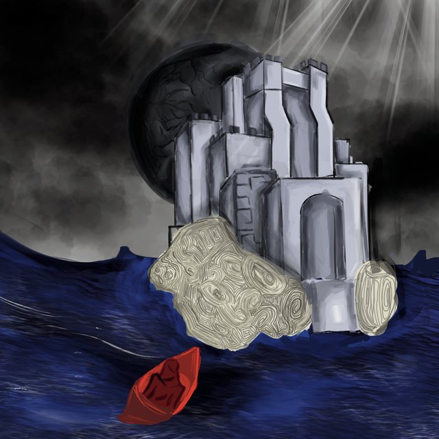 A pale stone castle rises from a dark, storm-lit sea beneath a black moon, its foundations carved with labyrinthine patterns; a small red boat drifts toward it.